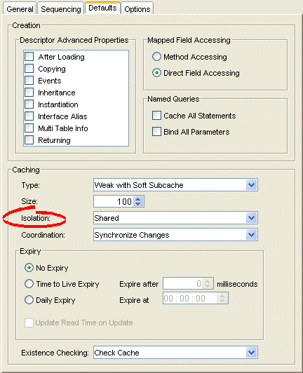 Defaults Tab, Cache Isolation Options