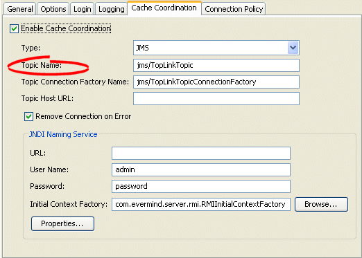 Cache Coordination Tab, Topic Name Field, JMS