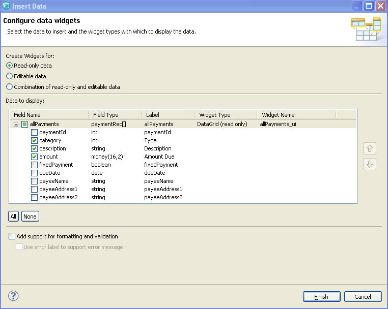 The completed Configure data widgets wizard