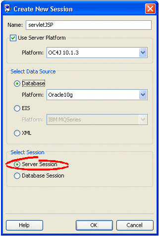Create New Session Dialog Box, Server Session Option