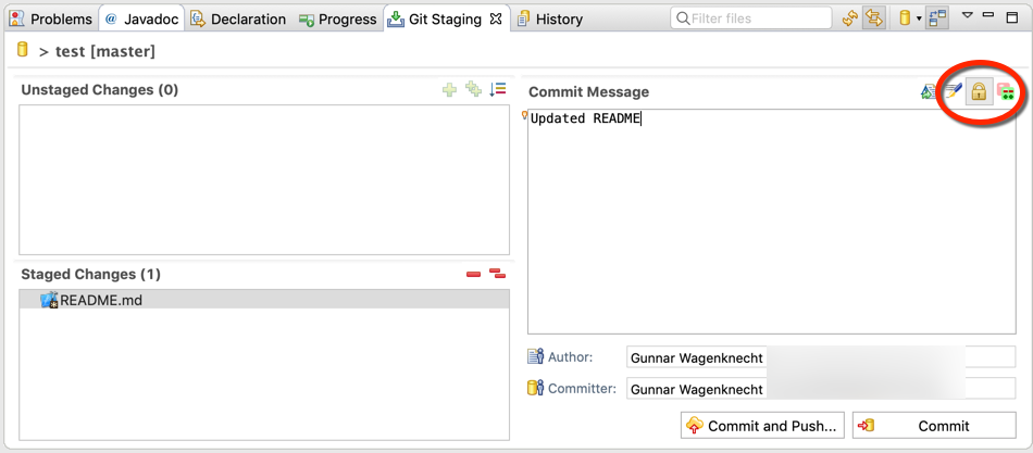 Screenshot of the EGit Staging View with the new "Sign commit" icon