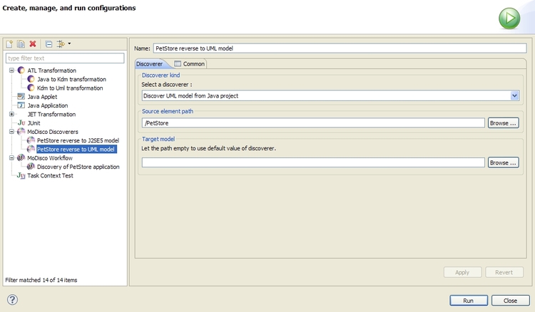 Launch configuration of SimpleTransformationsChain discoverer for PetStore application