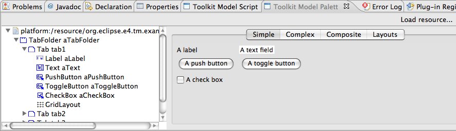 The Toolkit Model Palette view