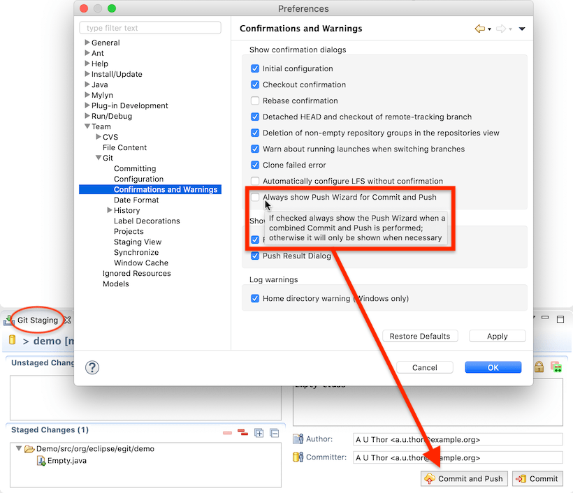 "Screenshot showing the preference dialog and the git staging view."