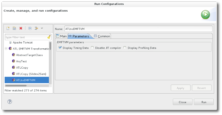 EMFTVM Launch Configuration Parameters Tab