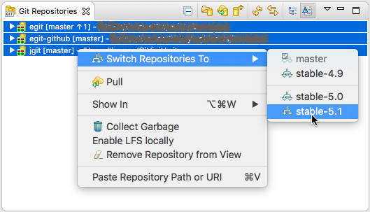 Screenshot of the Git Repositories view with the context menu visible and "Switch Repositories To" selected