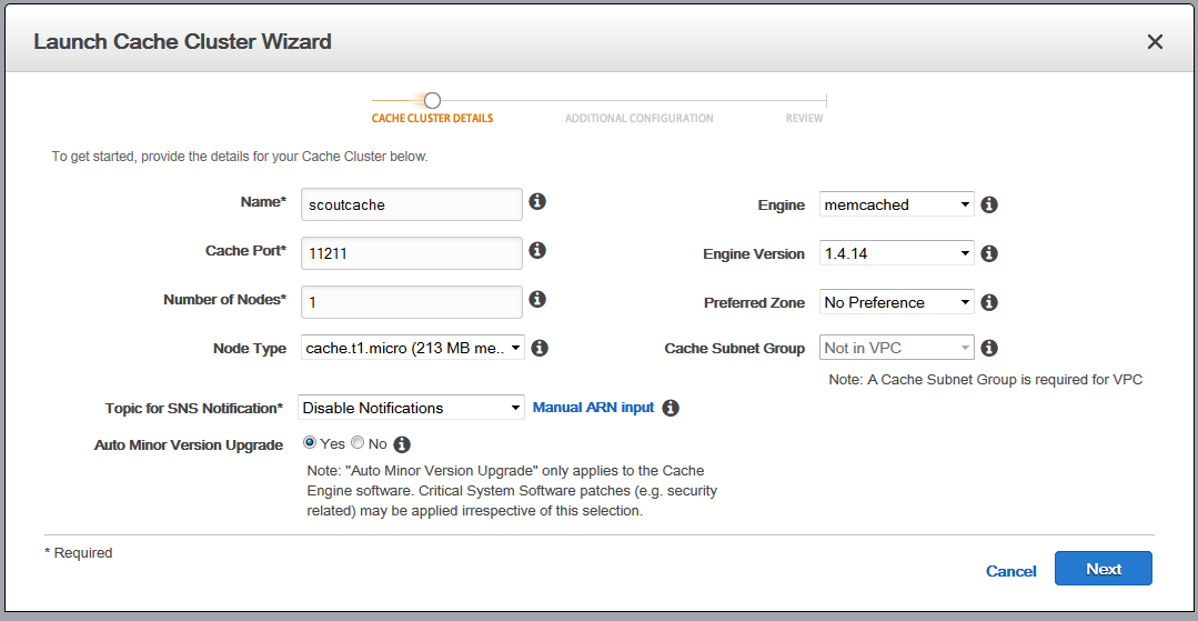 Scout cloud aws add memcached specify details.png