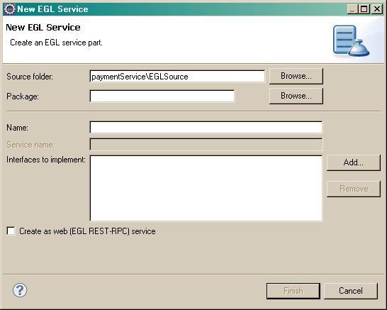 The New EGL Service Part window shows the service name and package.
