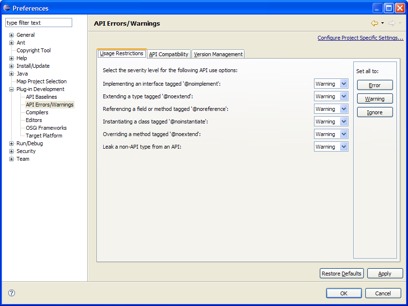 API errors and warnings preference page