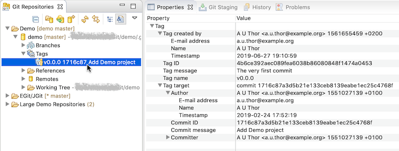 "Screenshot show a selected tag in the Git Repositories view and the information shown in the Properties view."
