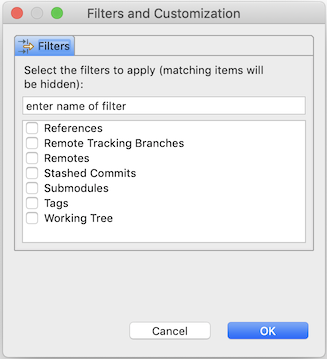 Screenshot of the "Filters and Customization" dialog of the Git Repositories view