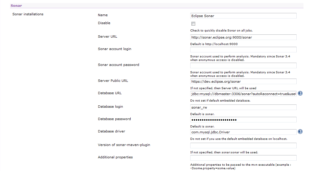 Sonar server configuration