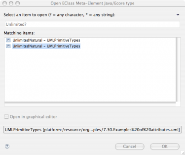 EMF Search Open UML Classes Filtered Dialog