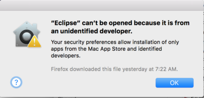 Dialog indicating that the Eclipse binary was created by an unidentified developer